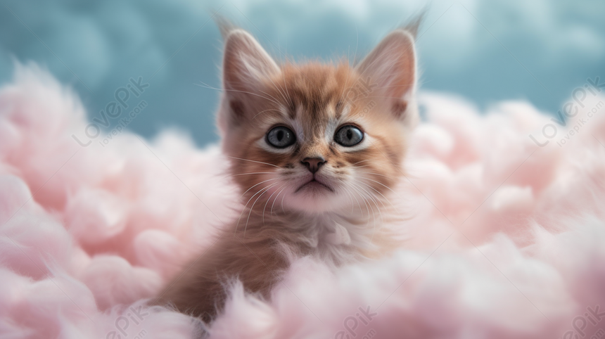 Una Gatita Mirando La C Mara En Nubes Rosadas Y Esponjosas Rosado