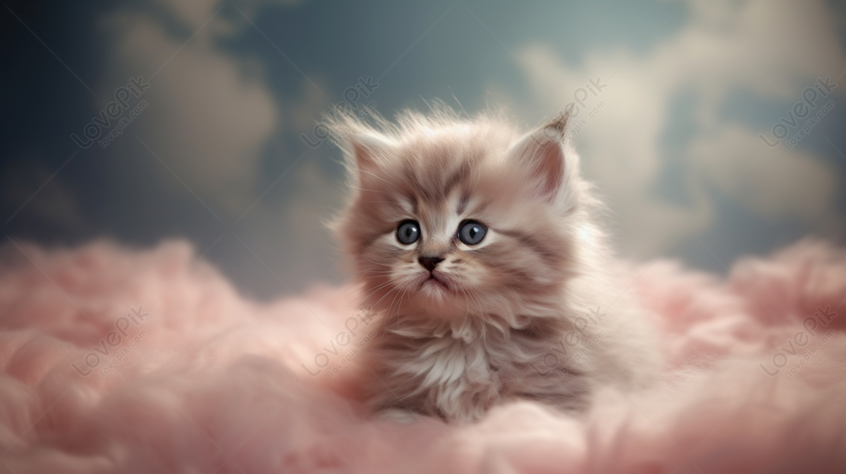 Adorable Gatito Pequeño Relajándose Sobre Un Fondo De Nubes Esponjosas