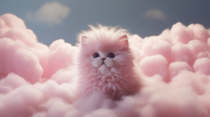 Pink Kitten Is Sitting In Pink Clouds Sitting In The Clouds