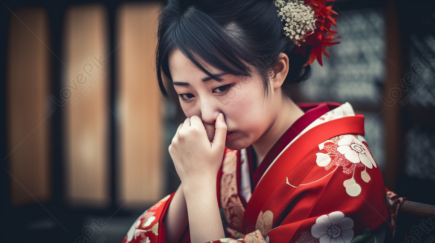 Close Up Portrait Of A Geisha Woman Mourning In Traditional Attire With