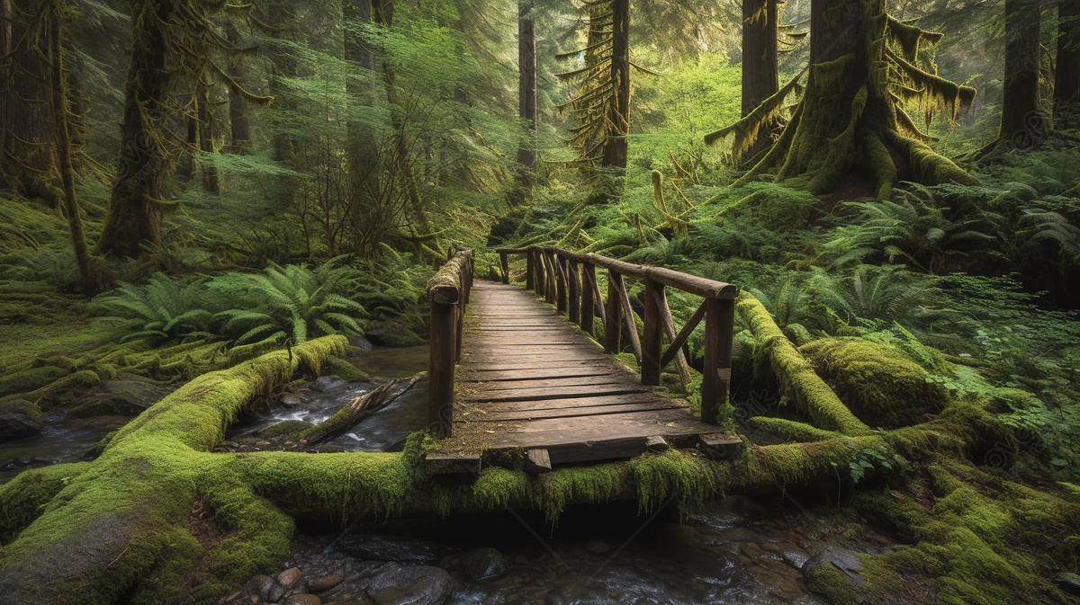 Enchanting Wood Bridge Amidst Lush Mossy Forest Scenery Enchant