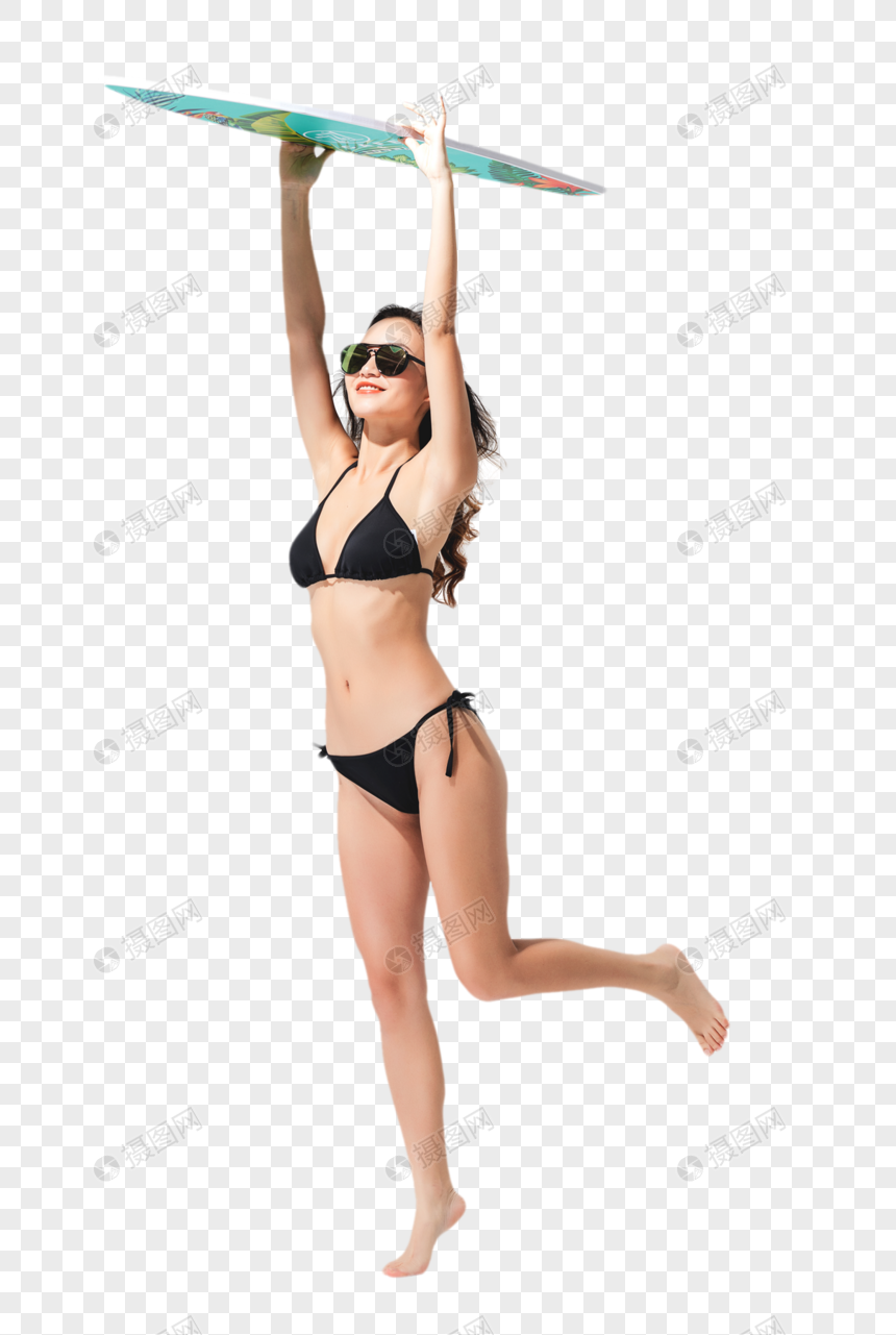 Hermosa Mujer En Bikini Negro Sosteniendo Una Tabla De Surf PNG