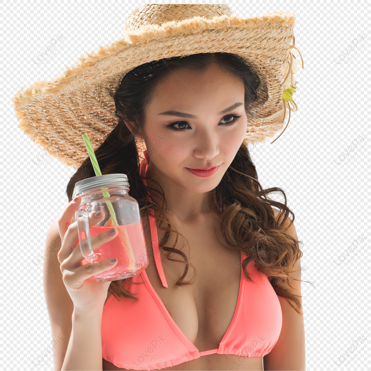 A Woman In A Pink Bikini Drinks A Hat Ice Drinks Lovely Summer PNG