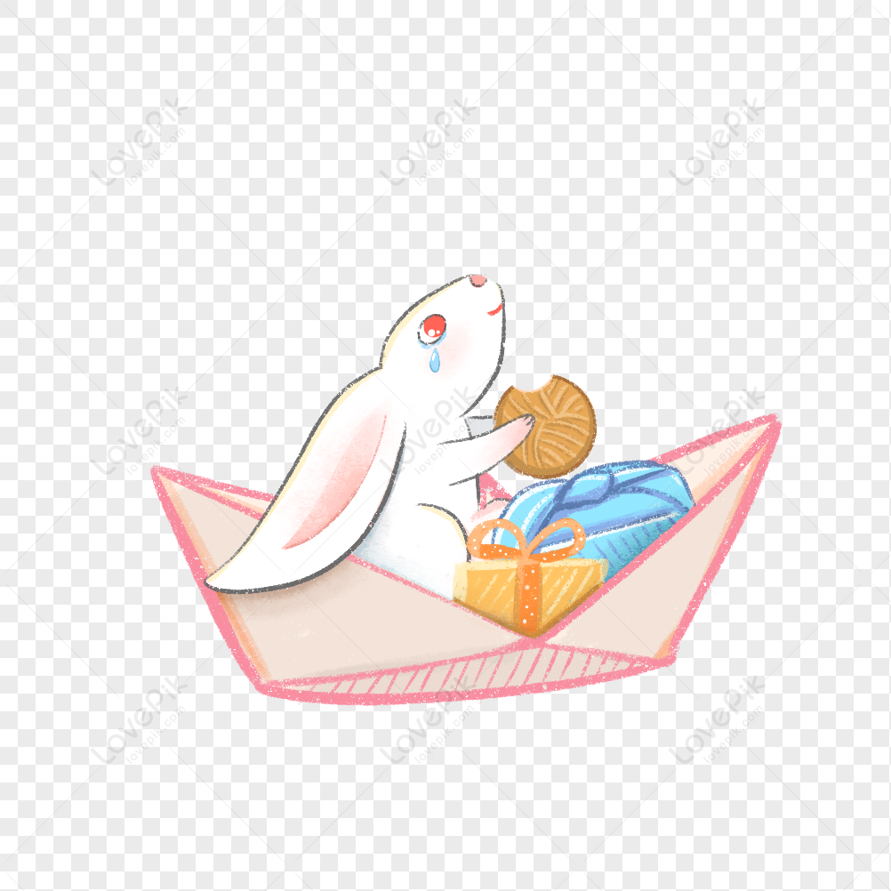 Jade Rabbit Sitting On The Boat Eating Moon Cake PNG Transparent Image