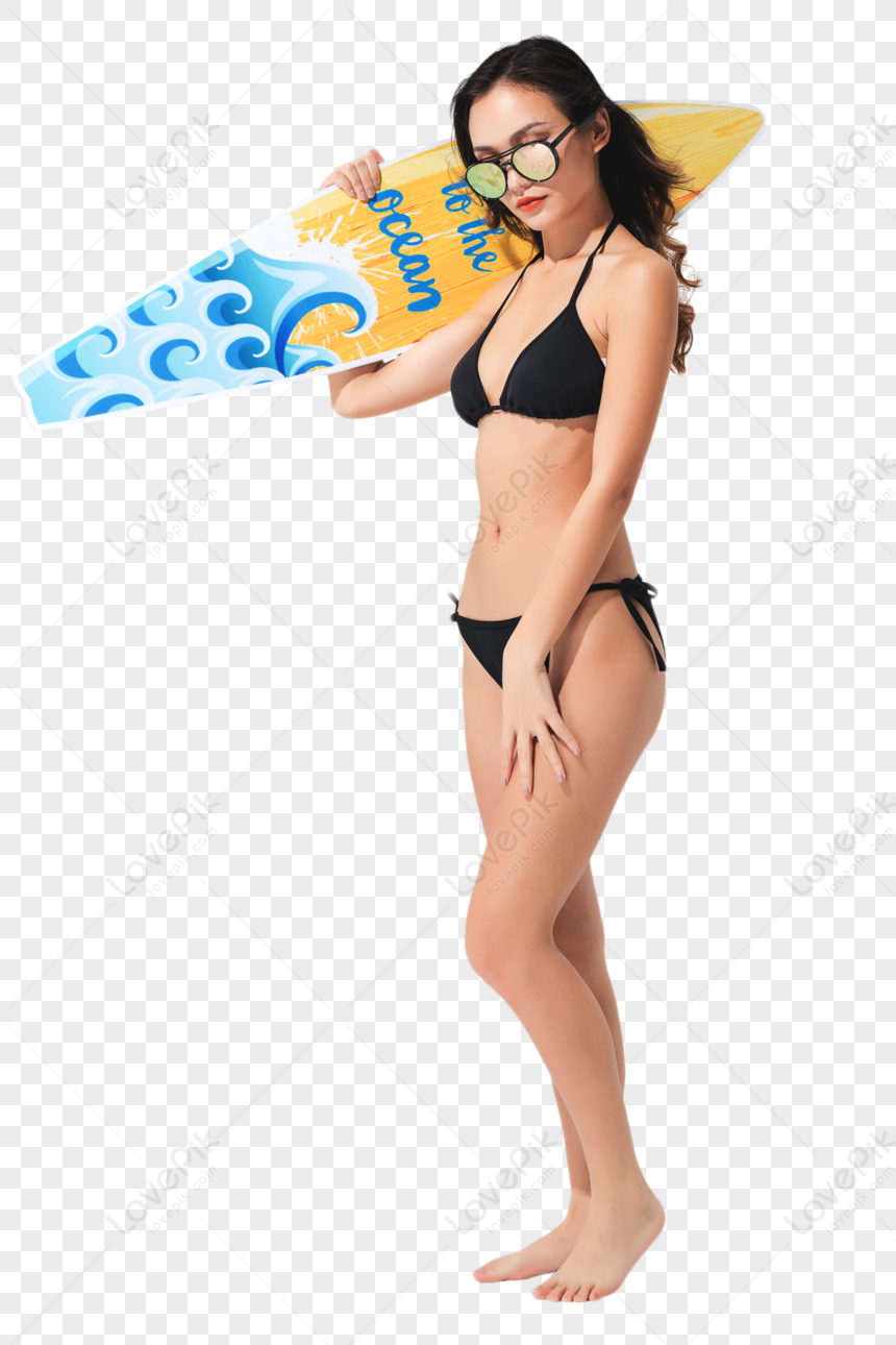 A Black Bikini Swimsuit With A Surfboard Advertising Photography