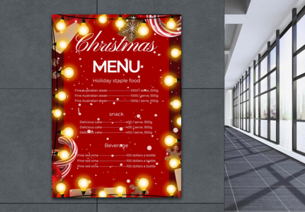 Mẫu Thiết kế menu đèn Giáng sinh trên nền đỏ
