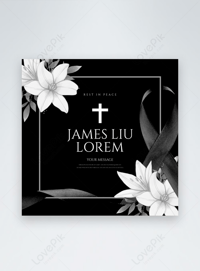 Black Ribbon White Floral Simple Funeral Invitation Social Media