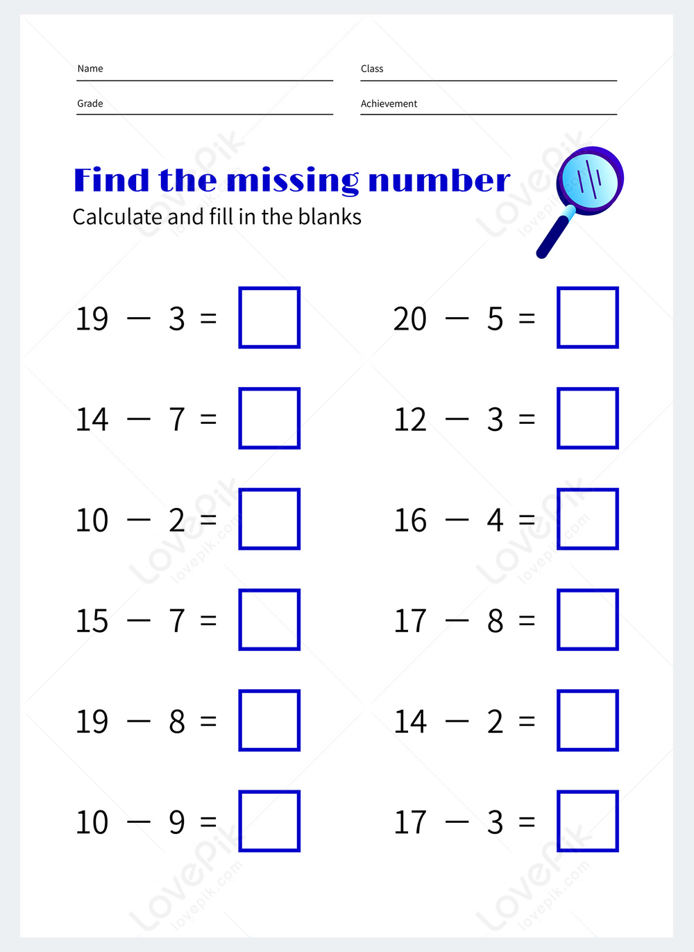 Template Templat Biru Penghitungan Lembar Kerja Matematika Untuk