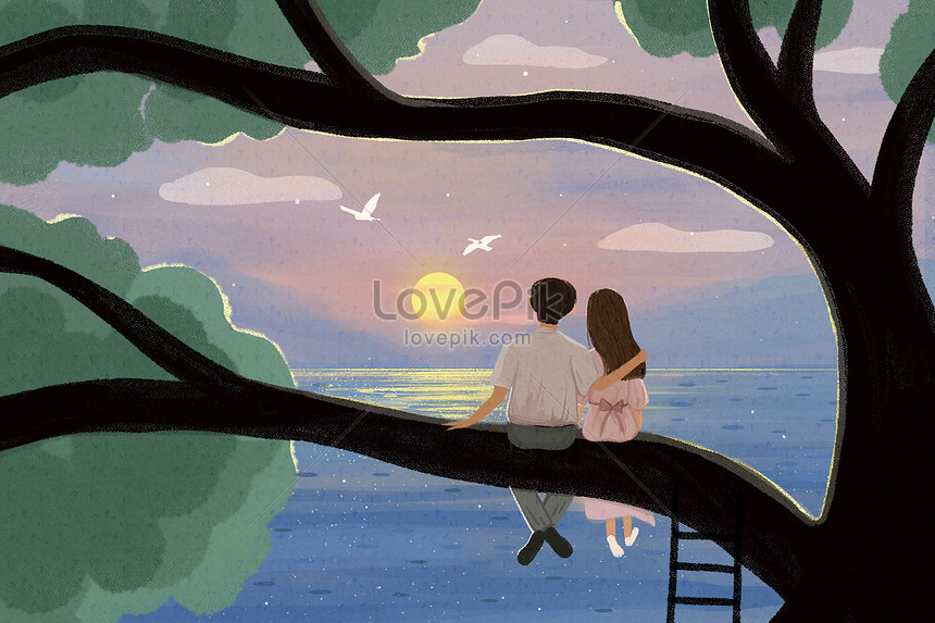 Pareja Mirando El Atardecer Psd Ilustraciones Imagenes Descarga My