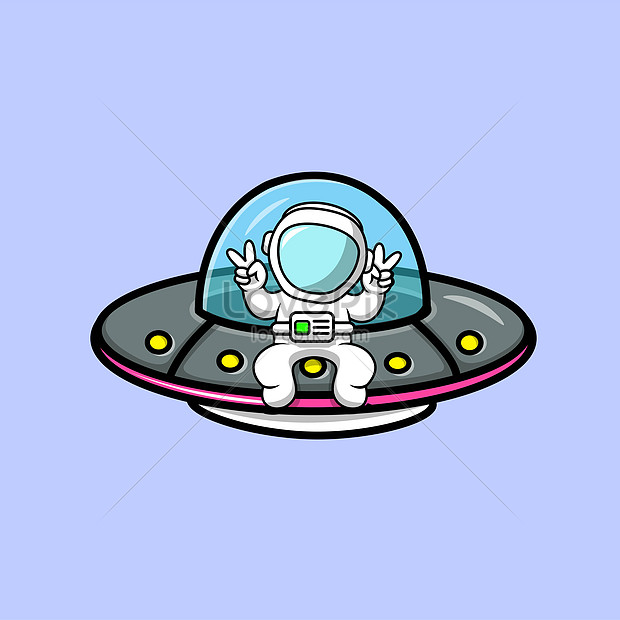 Cute Astronaut Sitting On Ufo Spaceship With Peace Hand Cartoon