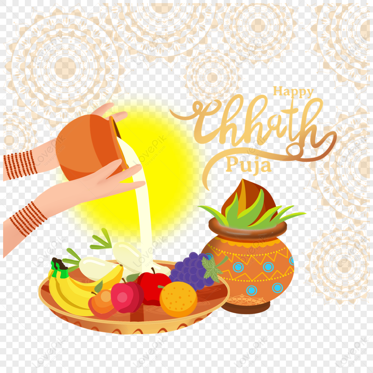 Happy Chhath Puja Holding Earthen Jar Illustration Orange Letter PNG