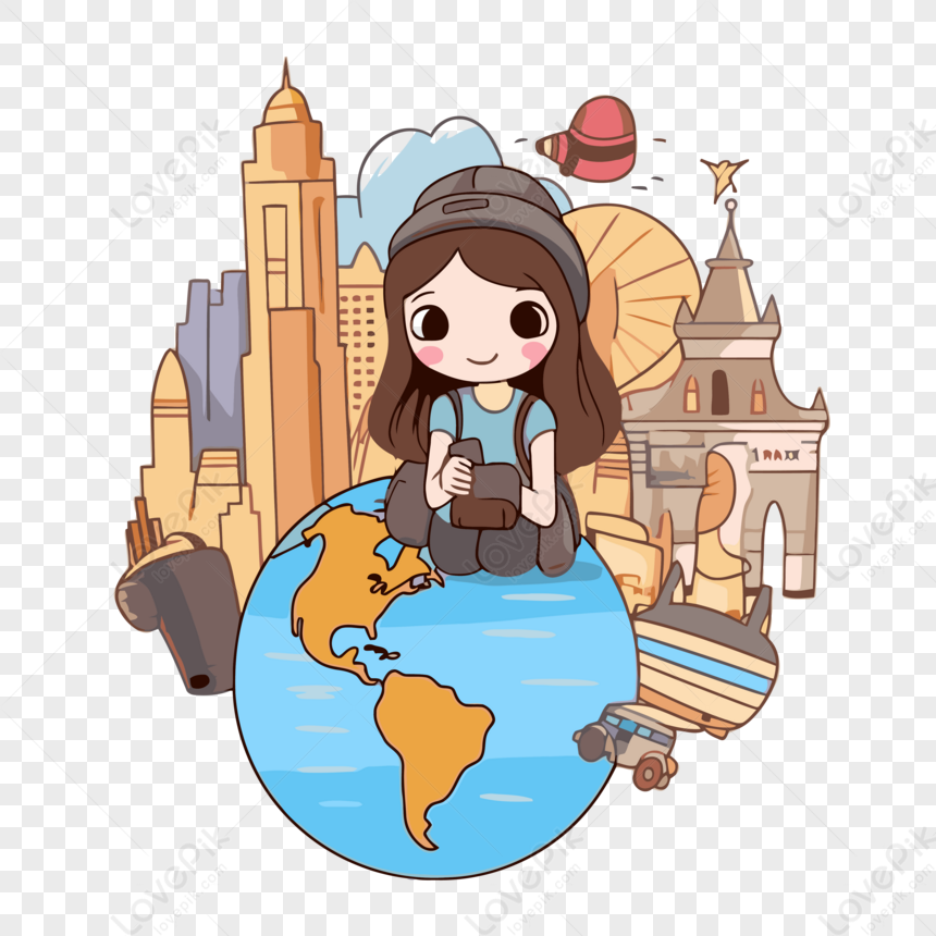 Cute Travel Clipart Cartoon Girl Around The World Traveling Doodle Wmil