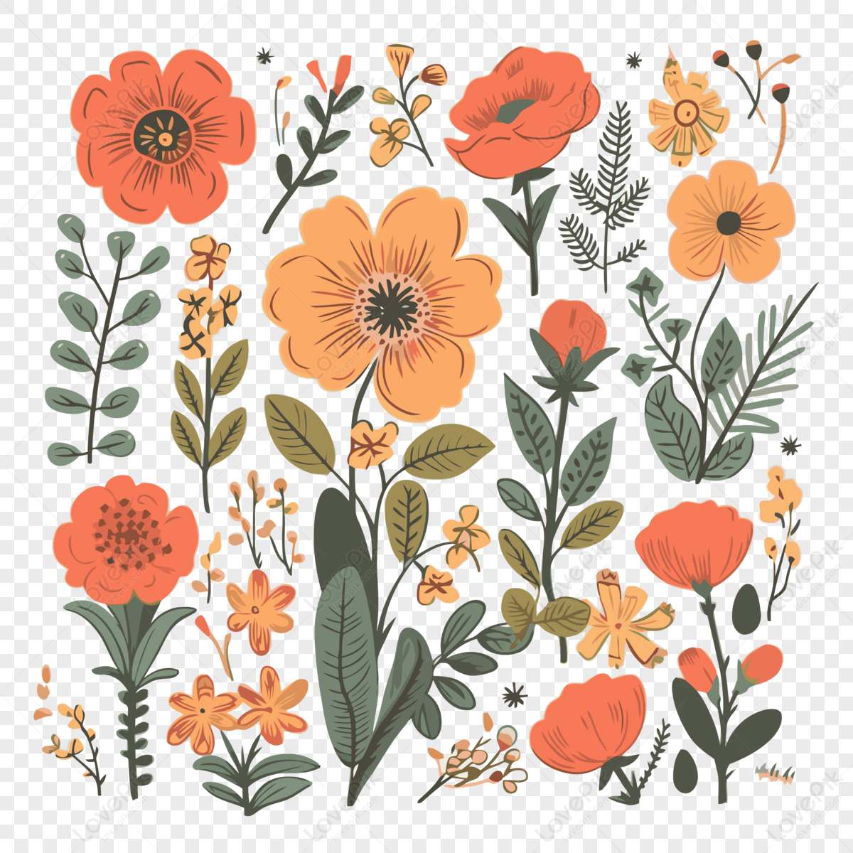 Rustic Flowers Vector Cartoon Sticker PNG White Transparent And Clipart