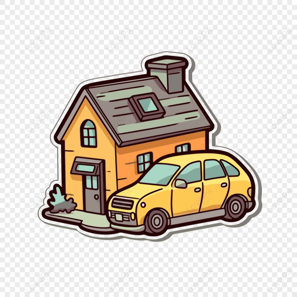 Cartoon Sticker Of A House And Car Vector Clipart Rental Png