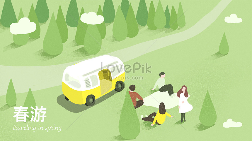 Spring spring tour yellow car picnic banner background illustration  image_picture free download 