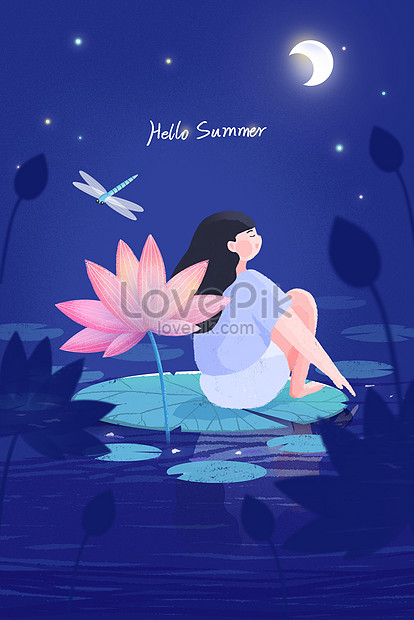 夏の夜の蓮の池の女の子イラストポスターの背景イメージ 図 Id 630001343 Prf画像フォーマットjpg Jp Lovepik Com