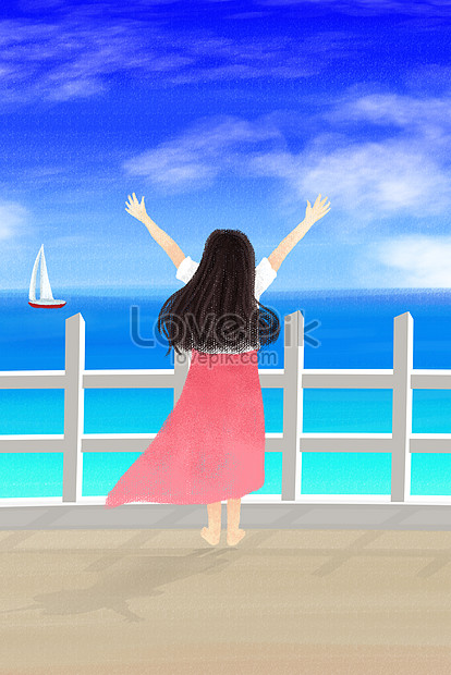 海で髪を吹く手描きオリジナルイラスト女の子イメージ 図 Id Prf画像フォーマットjpg Jp Lovepik Com