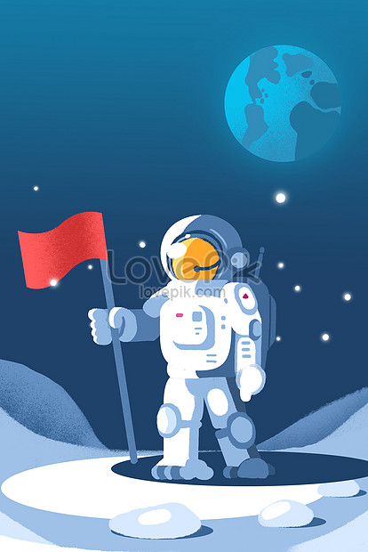 Landing on the moon to explore the universe hand drawn illustrat ...