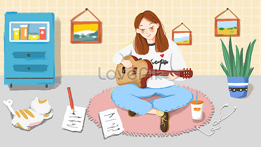기타를 연주 음악 악기 소녀 손으로 그린 세로 그림 일러스트 무료 다운로드 Lovepik 
