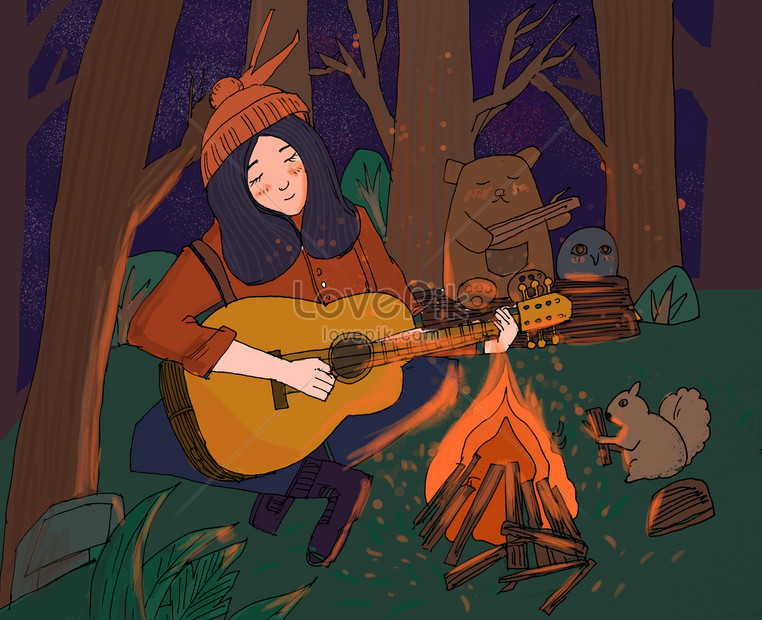 Hutan Api Unggun Malam Bermain Gadis Gitar Dan Binatang