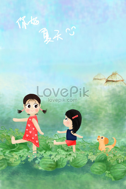 夏夏スイカかわいい女の子と子犬の手描きイラストpsイメージ 図 Id 630001285 Prf画像フォーマットjpg Jp Lovepik Com