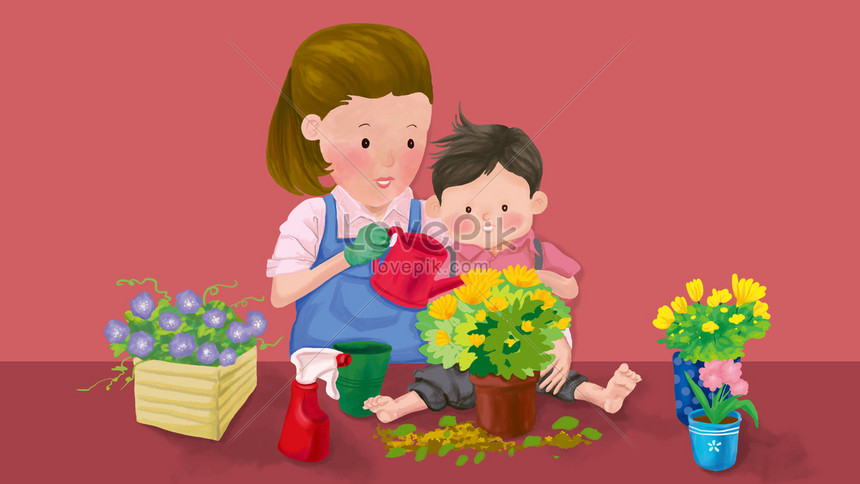 Tangan Digambar Ibu Hari Ibu Dan Anak Menanam Ilustrasi Bunga