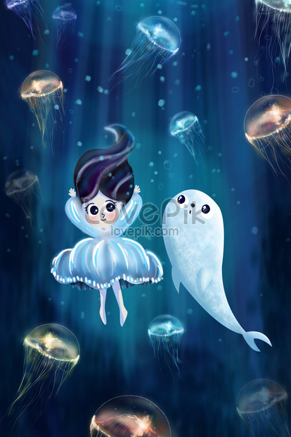 夏海の海の女の子シールクラゲ手描きイラストpsdイメージ 図 Id 630001396 Prf画像フォーマットjpg Jp Lovepik Com