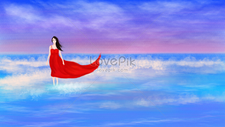海の上の手描きイラスト赤いドレスの女の子イメージ 図 Id