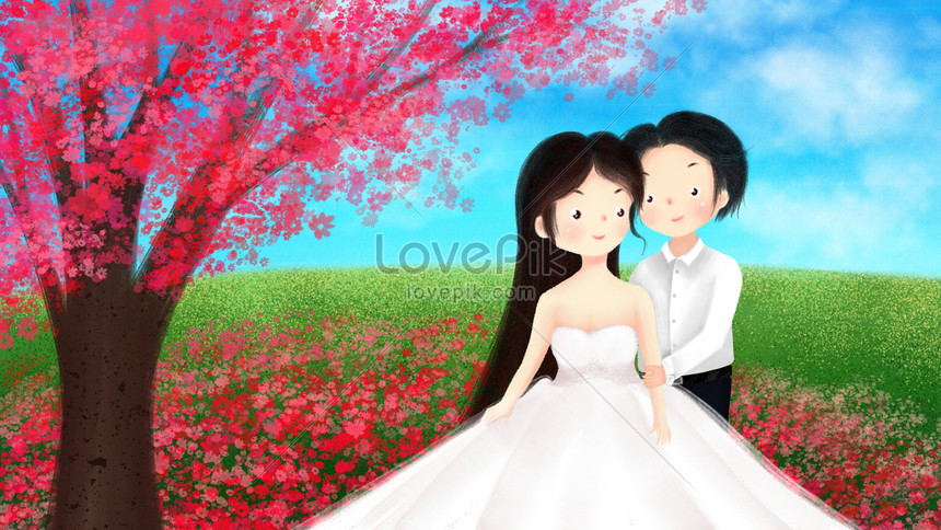 Romantic Illustration - two enamored under a love tree in the spring season  with backdrop of pink gradient background.Couple in beautiful pink garden  Stock Photo - Alamy