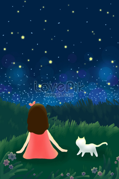 夏の真夏の夜の星空少女白猫草手描きイラストpsdイメージ 図 Id Prf画像フォーマットjpg Jp Lovepik Com