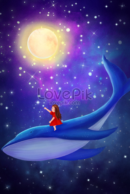 手描きの少女とクジラのイラストファンタジー星空の下でイメージ 図 Id Prf画像フォーマットjpg Jp Lovepik Com
