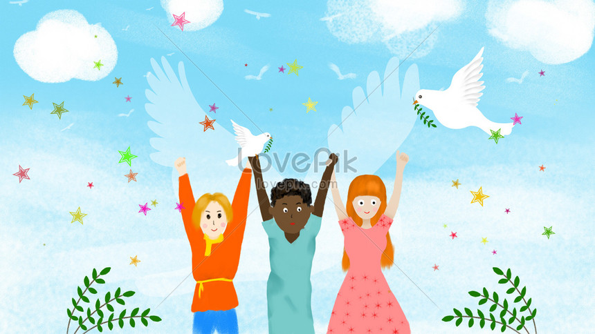 国際親善デー平和鳩オリーブブランチ純粋な手描きのイラストイメージ