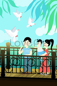 Městský život letní holubice rodinný portrét ručně tažené ilustrace ilustrace