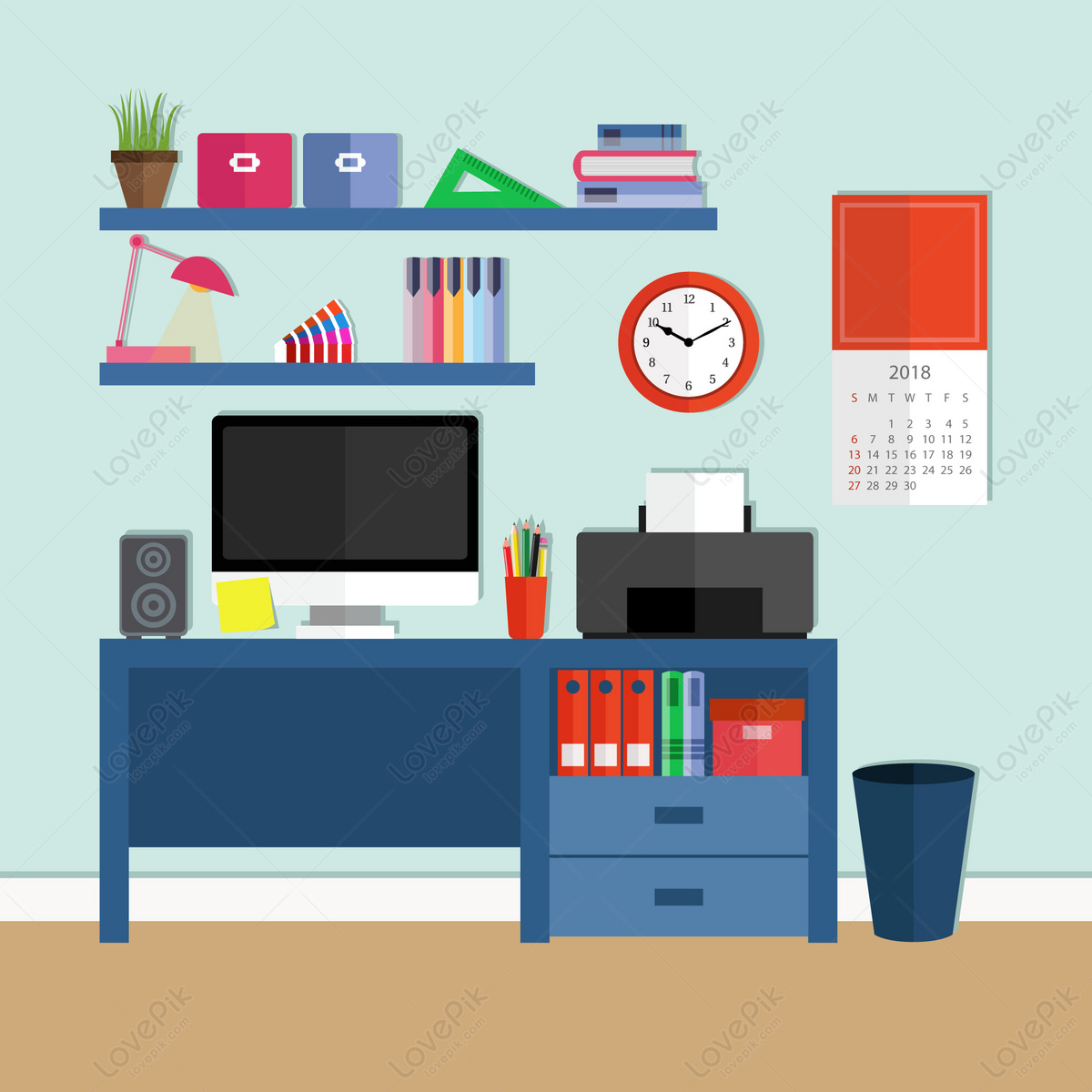 Educational office, computer office, office shelves, flat office Background