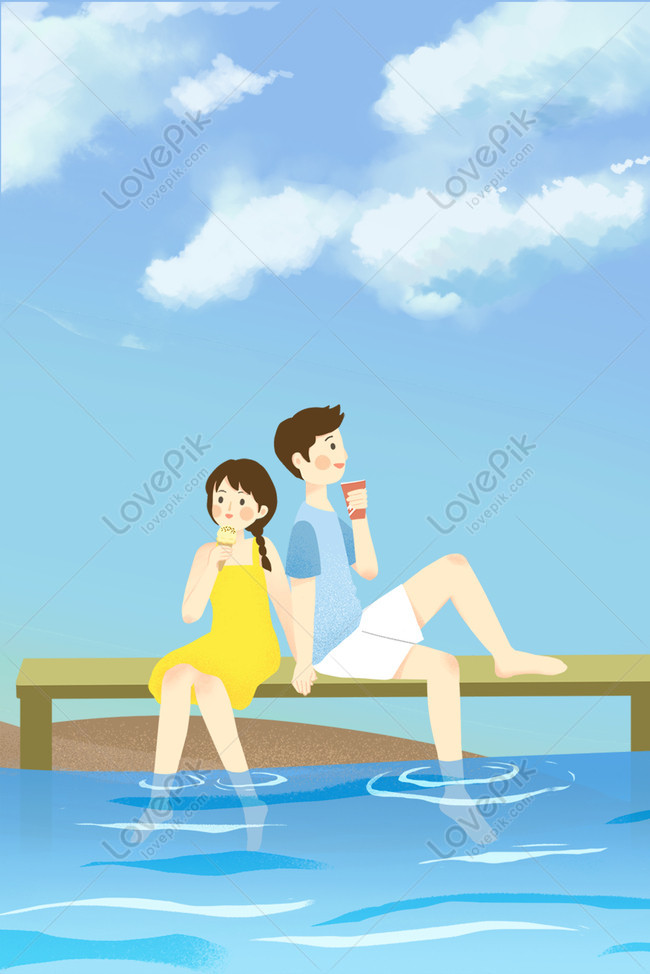 Couple travel fresh cartoon background, beauty, beach, cartoon sea Background image