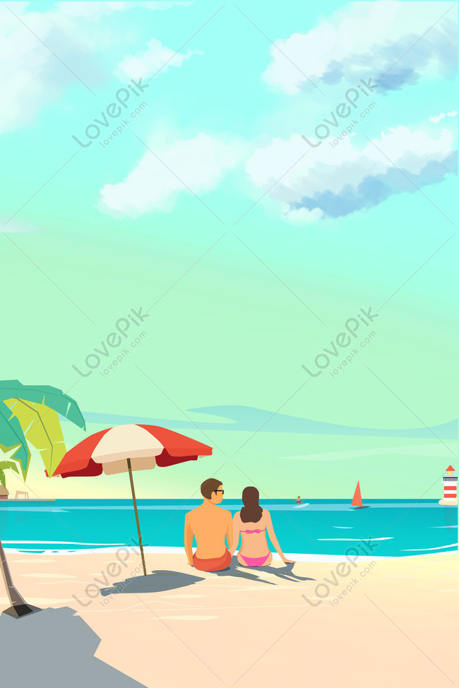 Couple travel fresh cartoon background, beauty, beach, holiday Background image