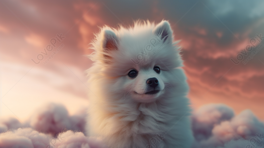 Whimsical White Puppy Peeking Through Cloudy Background, White ...