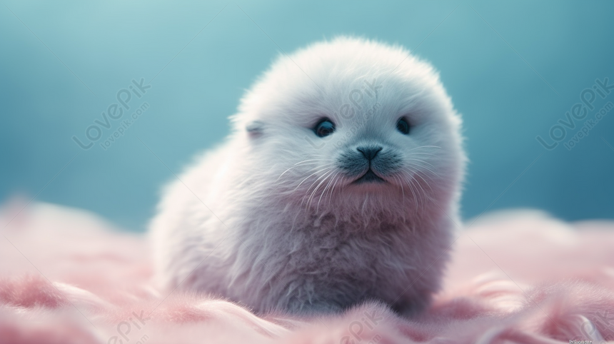 Small White Seal Puppy Standing Near Pink Material, White Stand ...