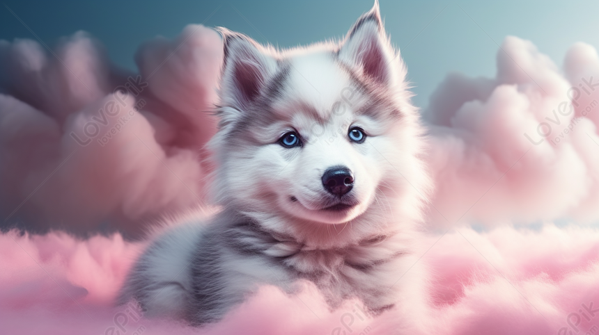 Little Husky Puppy Sitting On Top Of Pink Clouds, Sitting In The Clouds ...