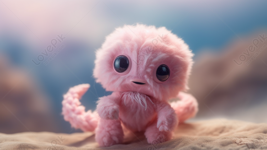 Pink Stuffed Animal With Big Eyes Sitting On A Sandy Background, Animal