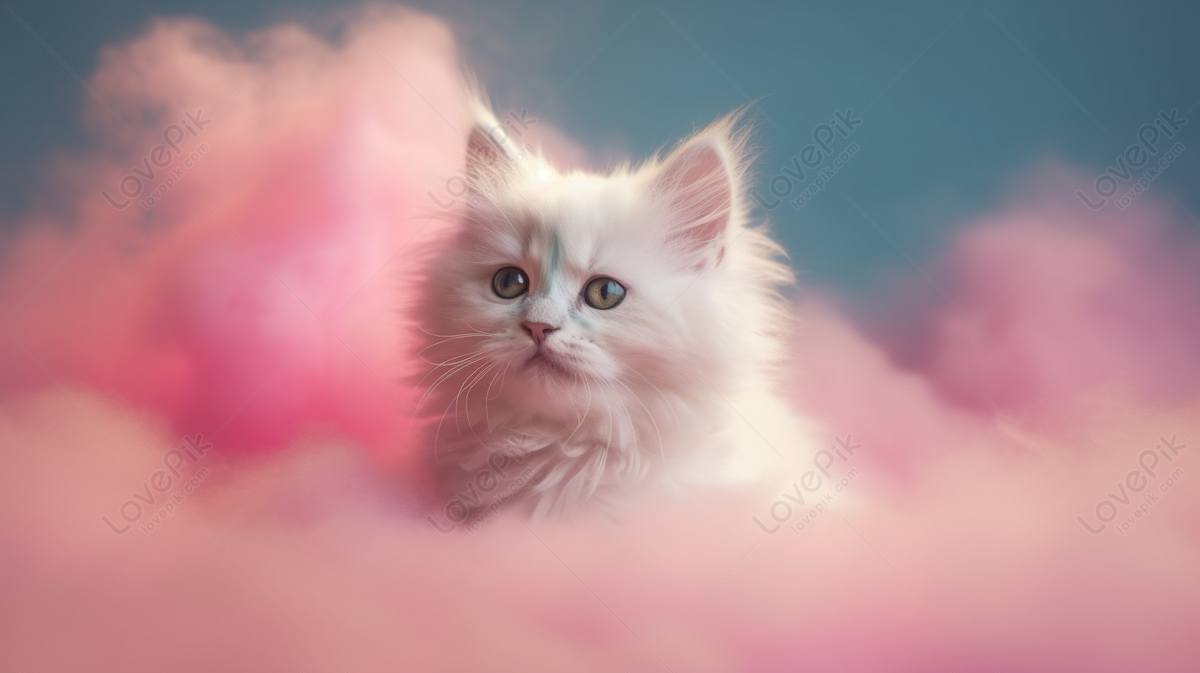 Gato Branco Deitado Nas Nuvens Com Nuvens Rosa Gato Rosa Fundos Nuvem Fundos Branco Fundos