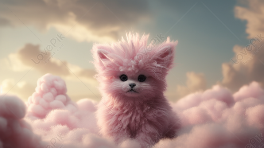 Cute Pink Fluffy Animal On Clouds Background, Cloud Backgrounds, Cute ...