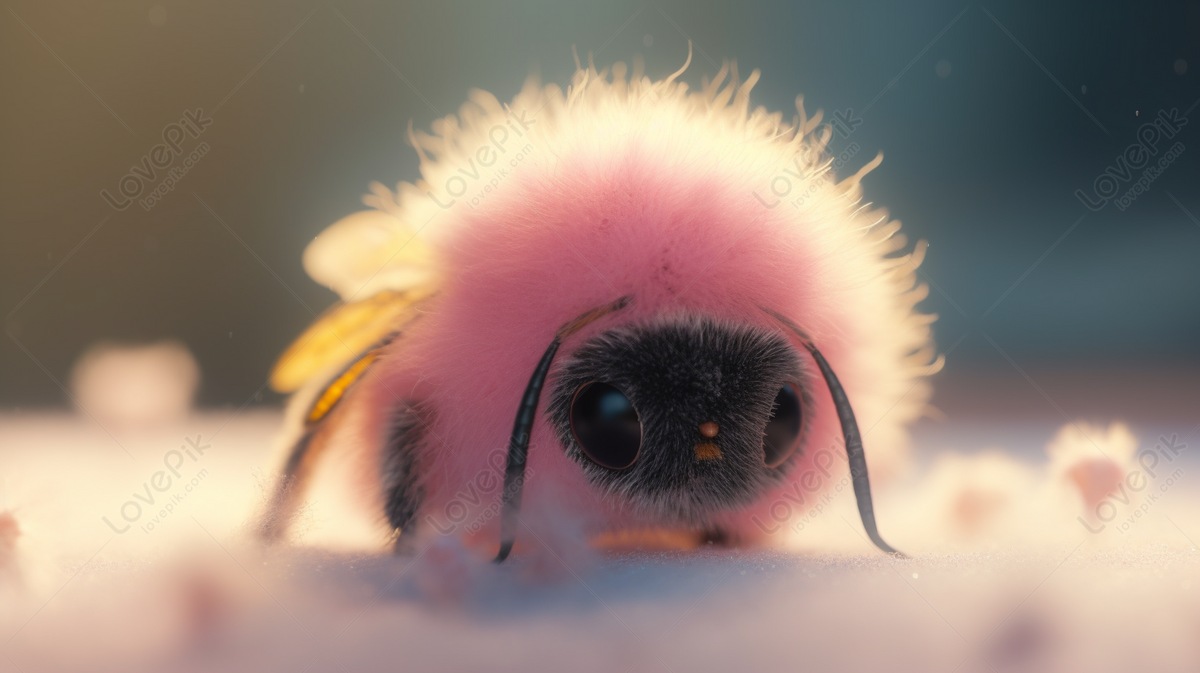 Cute Pink Fuzzy Bee With Black Hair And Fluffy Brown Eyebrows Resting ...