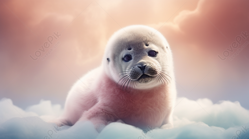 Baby Seal Sitting On A Cloud With Colorful Clouds And White Sky, Baby ...