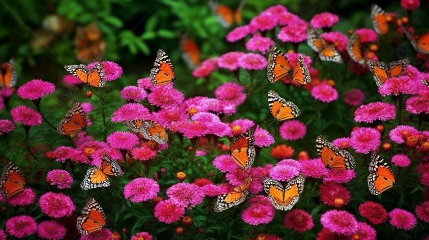 Pink And Orange Flowers With Pink Butterflies, Pink Butterfly ...