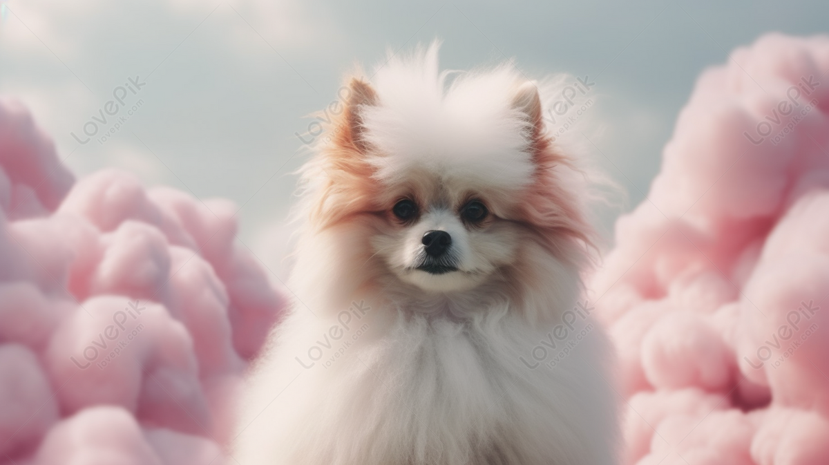 Pomeranian Puppy Dressed In Pink With White Clouds In Background, Cloud ...