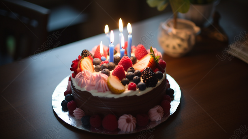 4 Lit Candles On A Chocolate Cake With Fruit, Fruit Backgrounds, Fruit ...