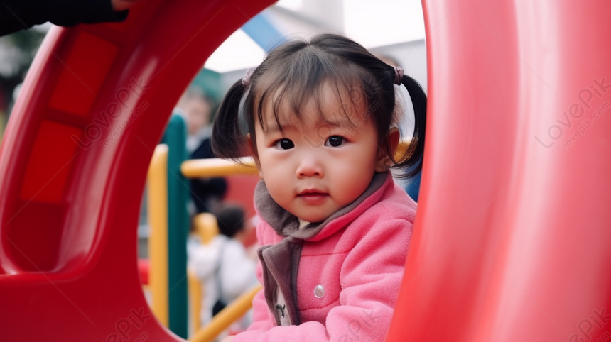 Adorable Asian Toddler Girl Playfully Peeks Through Playground Fence ...