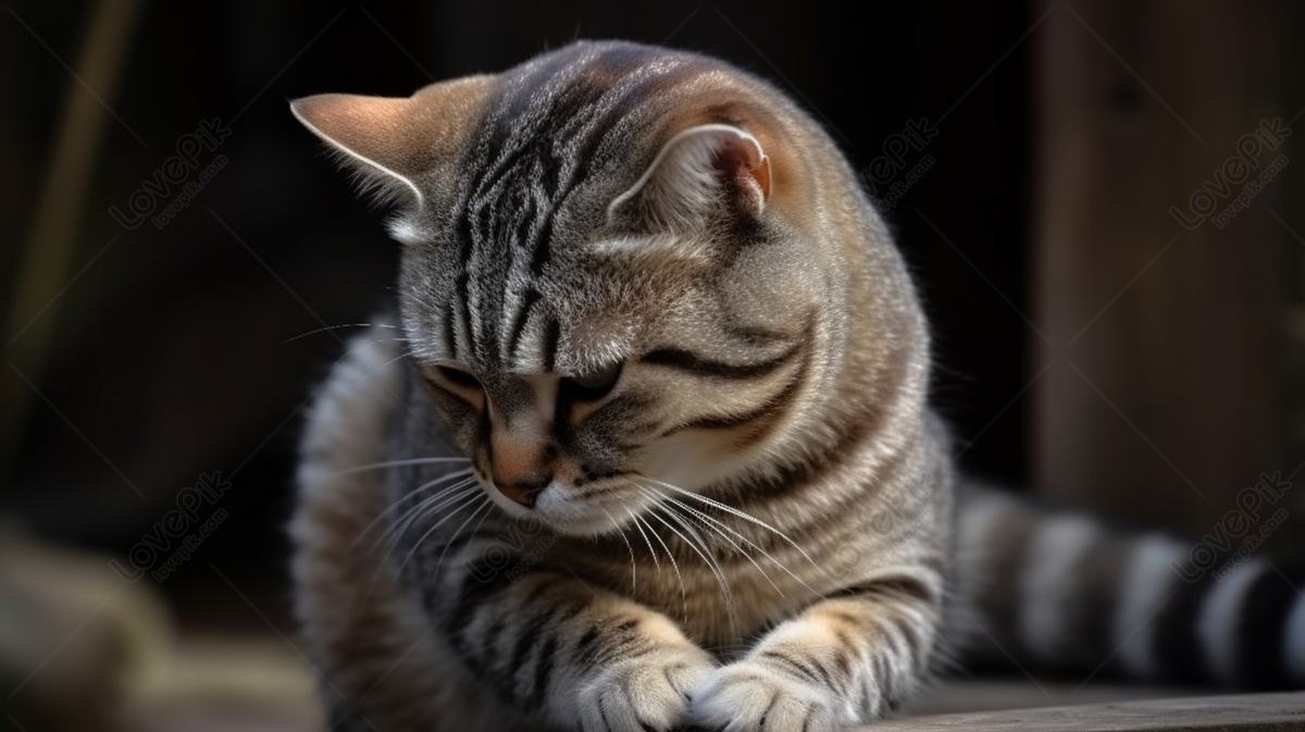 Background Of Grey Tabby Cat Looking Down At His Paws, Grey Cat ...