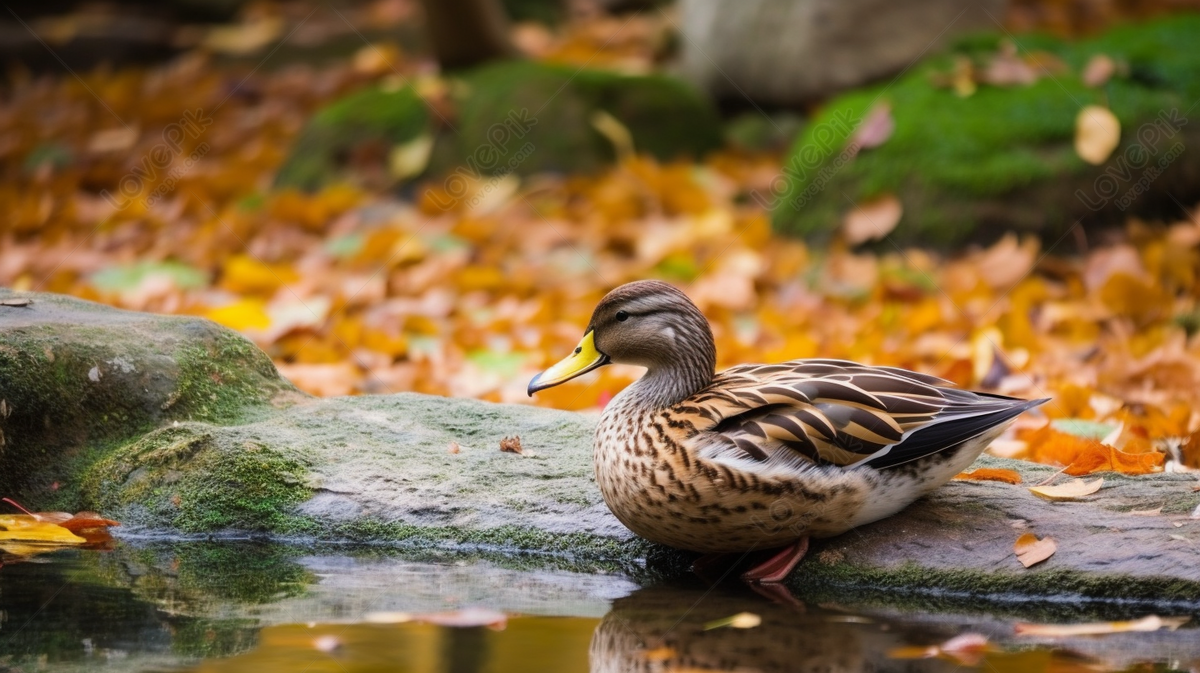 Beautiful Autumn Scene: Mallard Duck Peacefully Floating In A Pond ...